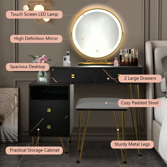 black dressing table with storage Modern Black Makeup Vanity Set with Flip Top Mirror Mini Dressing Table with StoolHomary